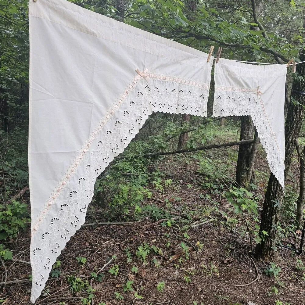 Set of 2 Vintage 1970s Swag Valances with Eyelet Lace & Pink Ribbon Trim